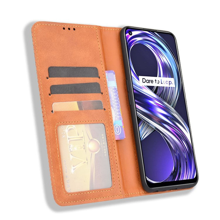 For Realme 8i Retro Textured Surface Shockproof Wallet Stand Well-Protected Phone Leather Case - Brown