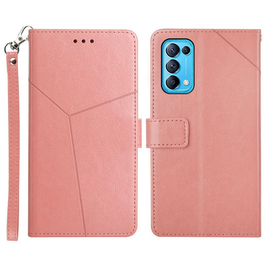 Y-Shaped Line Imprinting Full Body Protection Magnetic Clasp Wallet Stand PU Leather Phone Cover for Oppo Reno5 4G/5G/Reno5 K/Find X3 Lite - Pink