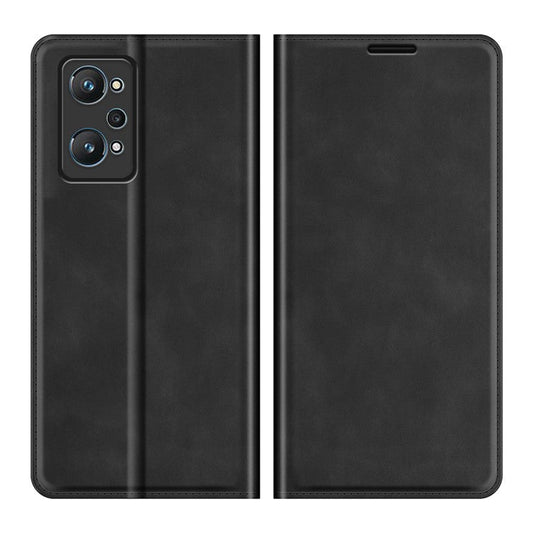 Supporting Stand Silky-Touch Super Magnet Closure Folio Flip Leather Cover Protective Case with Wallet for Realme GT Neo2/GT2/GT Neo 3T 5G - Black
