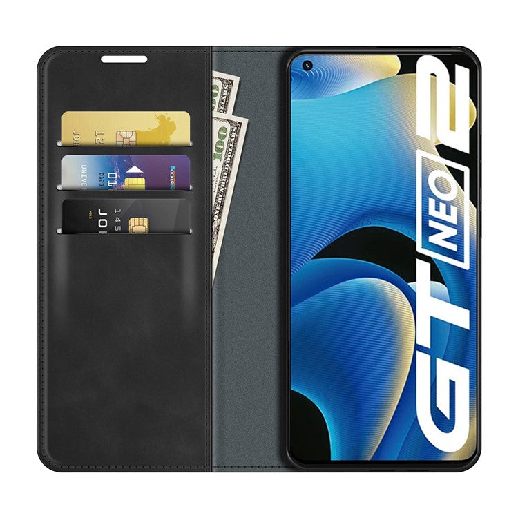 Supporting Stand Silky-Touch Super Magnet Closure Folio Flip Leather Cover Protective Case with Wallet for Realme GT Neo2/GT2/GT Neo 3T 5G - Black
