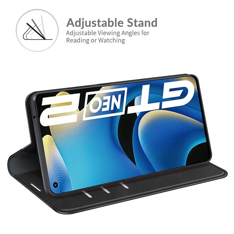 Supporting Stand Silky-Touch Super Magnet Closure Folio Flip Leather Cover Protective Case with Wallet for Realme GT Neo2/GT2/GT Neo 3T 5G - Black