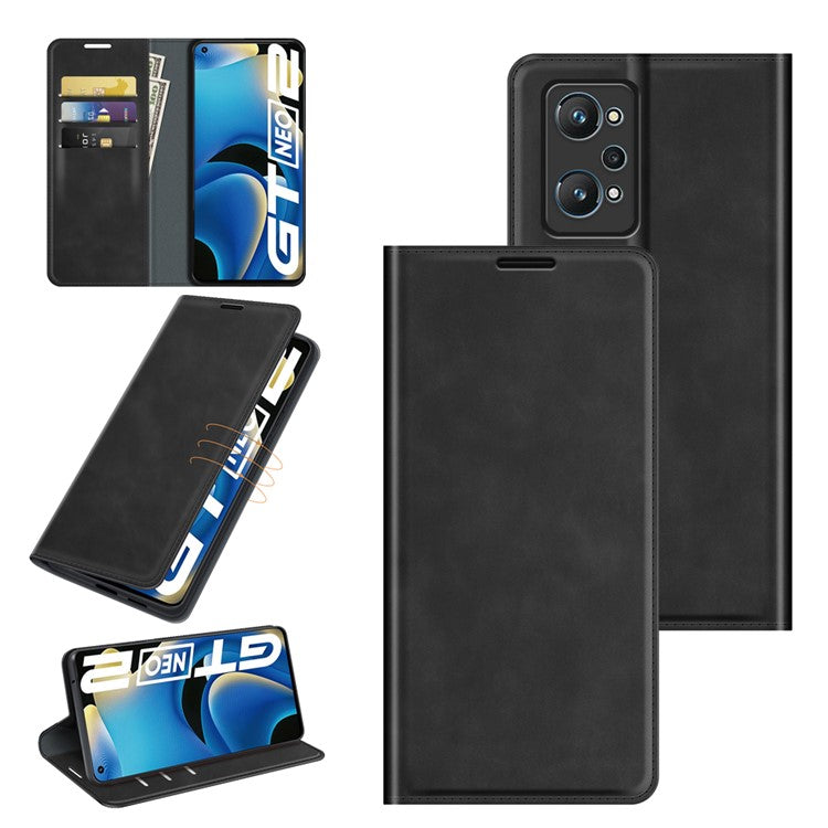 Supporting Stand Silky-Touch Super Magnet Closure Folio Flip Leather Cover Protective Case with Wallet for Realme GT Neo2/GT2/GT Neo 3T 5G - Black