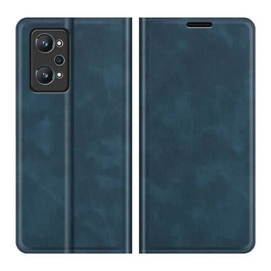 Supporting Stand Silky-Touch Super Magnet Closure Folio Flip Leather Cover Protective Case with Wallet for Realme GT Neo2/GT2/GT Neo 3T 5G - Blue