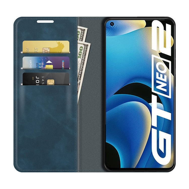 Supporting Stand Silky-Touch Super Magnet Closure Folio Flip Leather Cover Protective Case with Wallet for Realme GT Neo2/GT2/GT Neo 3T 5G - Blue