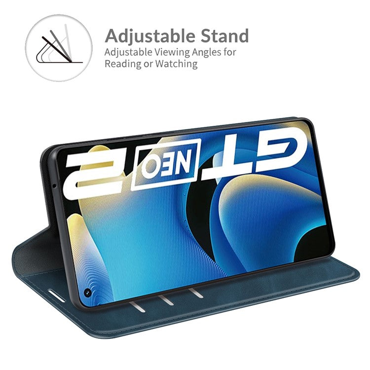 Supporting Stand Silky-Touch Super Magnet Closure Folio Flip Leather Cover Protective Case with Wallet for Realme GT Neo2/GT2/GT Neo 3T 5G - Blue
