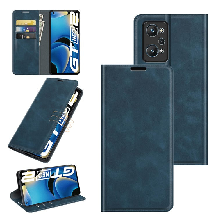 Supporting Stand Silky-Touch Super Magnet Closure Folio Flip Leather Cover Protective Case with Wallet for Realme GT Neo2/GT2/GT Neo 3T 5G - Blue