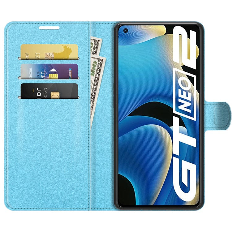 Shock-resistant Litchi Texture Folio Flip Magnetic Closure PU Leather Stand Case Wallet Phone Cover for Realme GT Neo2 5G/GT2/GT Neo 3T 5G - Blue