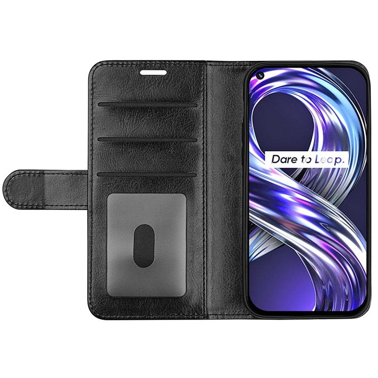 Flip Crazy Horse Texture Protective Leather Phone Cover Shell with Wallet Stand Design for Realme 8i/Narzo 50 4G - Black