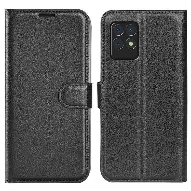 Lightweight Solid Color Litchi Texture PU Leather Stand Wallet Folio Flip Phone Cover for Realme 8i/Narzo 50 4G - Black