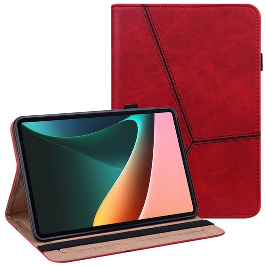 Line Imprinted Anti-Fall Multi-Angle Viewing Stand Folio Flip PU Leather Case with Card Slots and Elastic Band for Realme Pad 10.4 - Red