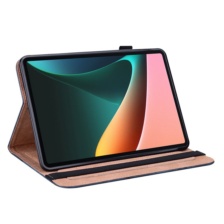 Line Imprinted Anti-Fall Multi-Angle Viewing Stand Folio Flip PU Leather Case with Card Slots and Elastic Band for Realme Pad 10.4 - Blue