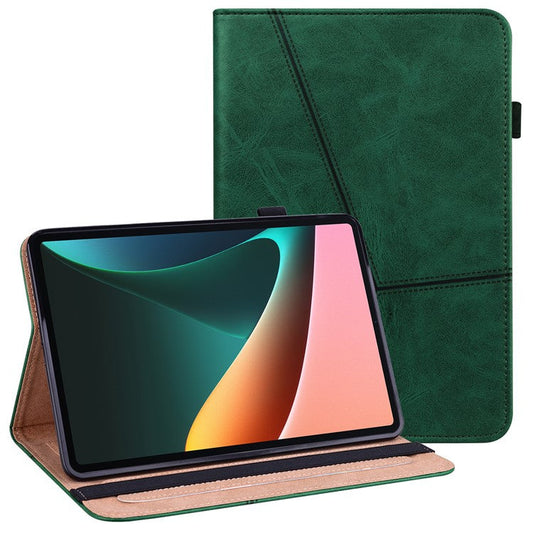 Line Imprinted Anti-Fall Multi-Angle Viewing Stand Folio Flip PU Leather Case with Card Slots and Elastic Band for Realme Pad 10.4 - Green