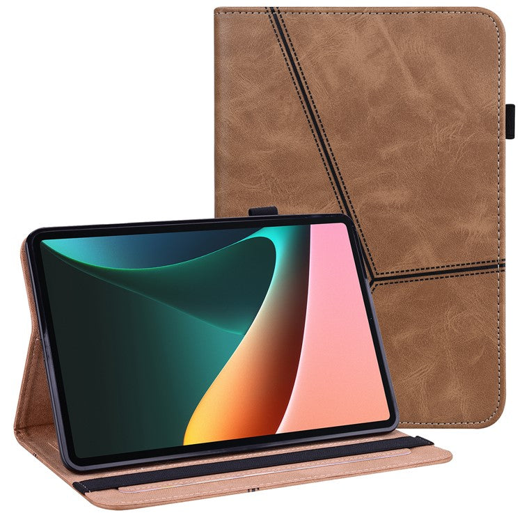 Line Imprinted Anti-Fall Multi-Angle Viewing Stand Folio Flip PU Leather Case with Card Slots and Elastic Band for Realme Pad 10.4 - Brown