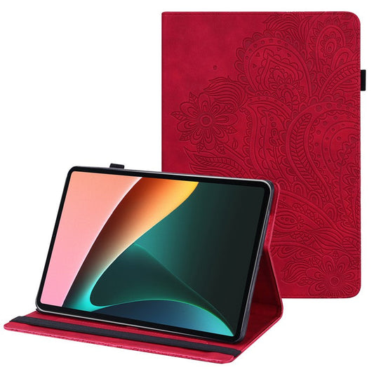 Imprinting Flower Card Slots Stand Design PU Leather Tablet Cover Case for Realme Pad 10.4-inch - Red