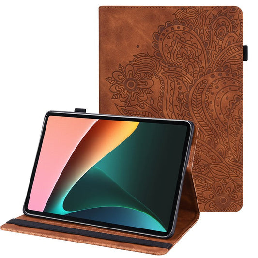 Imprinting Flower Card Slots Stand Design PU Leather Tablet Cover Case for Realme Pad 10.4-inch - Brown