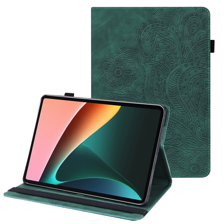 Imprinting Flower Card Slots Stand Design PU Leather Tablet Cover Case for Realme Pad 10.4-inch - Green