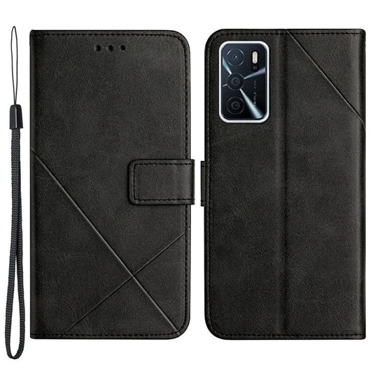 Stripe Design Leather Solid Color Magnetic Clasp Wallet Stand Phone Shell Case for Oppo A16 / A16s / A54s - Black