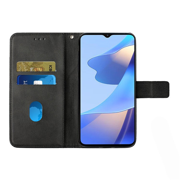 Stripe Design Leather Solid Color Magnetic Clasp Wallet Stand Phone Shell Case for Oppo A16 / A16s / A54s - Black