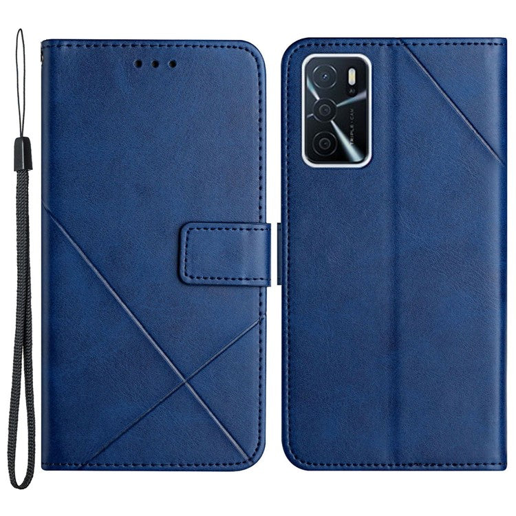 Stripe Design Leather Solid Color Magnetic Clasp Wallet Stand Phone Shell Case for Oppo A16 / A16s / A54s - Blue