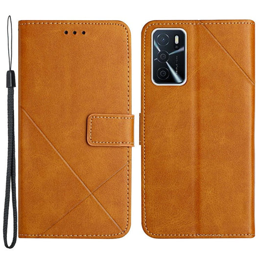 Stripe Design Leather Solid Color Magnetic Clasp Wallet Stand Phone Shell Case for Oppo A16 / A16s / A54s - Brown
