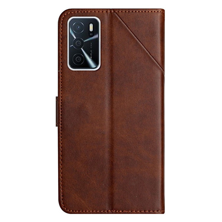 Stripe Design Leather Solid Color Magnetic Clasp Wallet Stand Phone Shell Case for Oppo A16 / A16s / A54s - Coffee