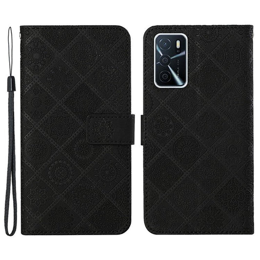 Stand Feature Ethnic Style Imprinted Flower PU Leather Magnetic Flip Shockproof Protective Case with Strap for Oppo A16 - Black