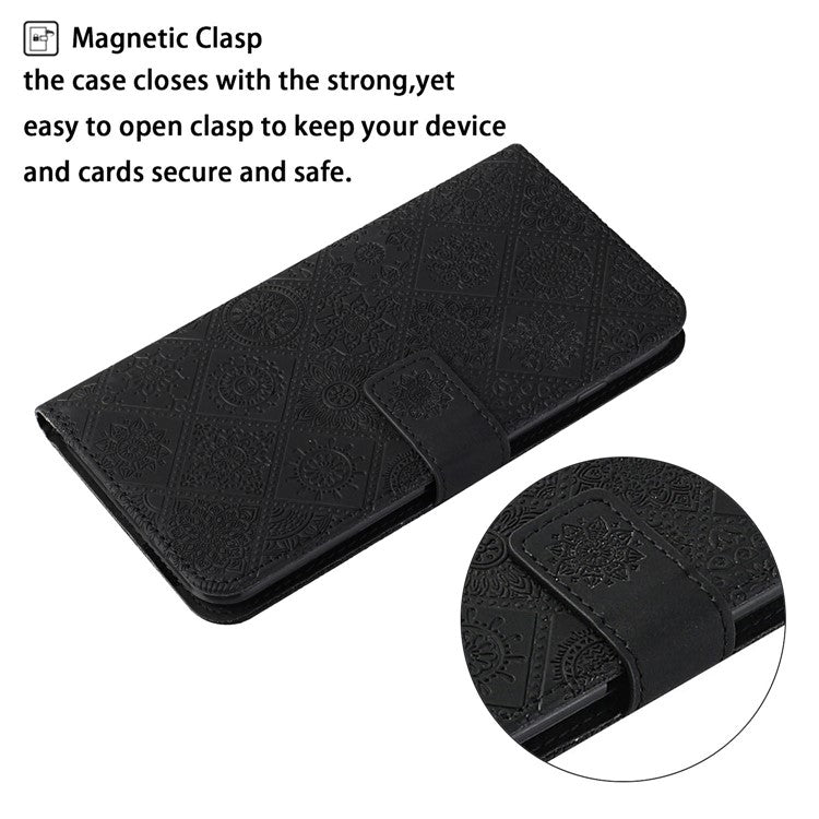 Stand Feature Ethnic Style Imprinted Flower PU Leather Magnetic Flip Shockproof Protective Case with Strap for Oppo A16 - Black