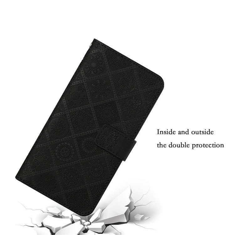 Stand Feature Ethnic Style Imprinted Flower PU Leather Magnetic Flip Shockproof Protective Case with Strap for Oppo A16 - Black