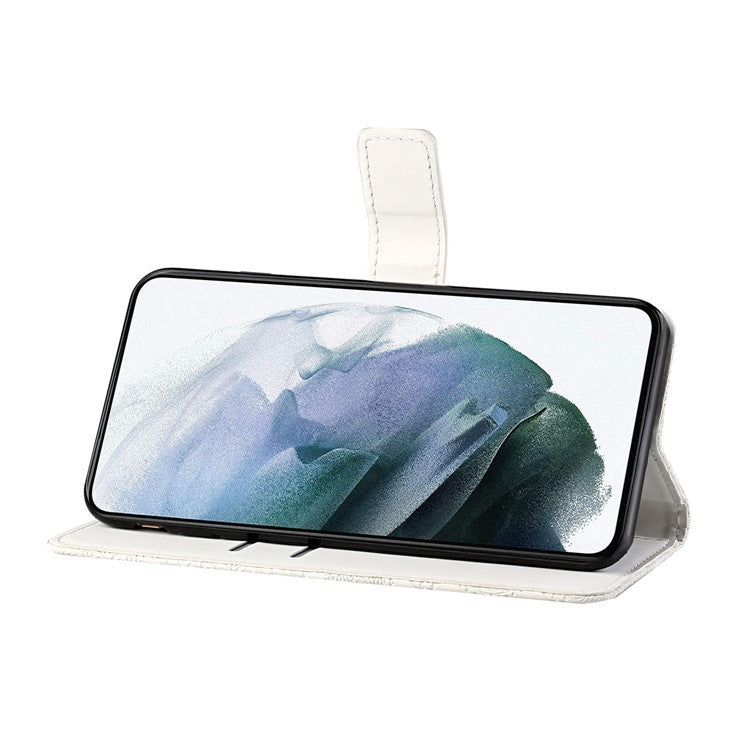 Stand Feature Ethnic Style Imprinted Flower PU Leather Magnetic Flip Shockproof Protective Case with Strap for Oppo A16 - White