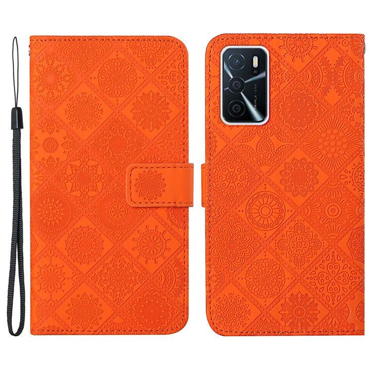Stand Feature Ethnic Style Imprinted Flower PU Leather Magnetic Flip Shockproof Protective Case with Strap for Oppo A16 - Orange