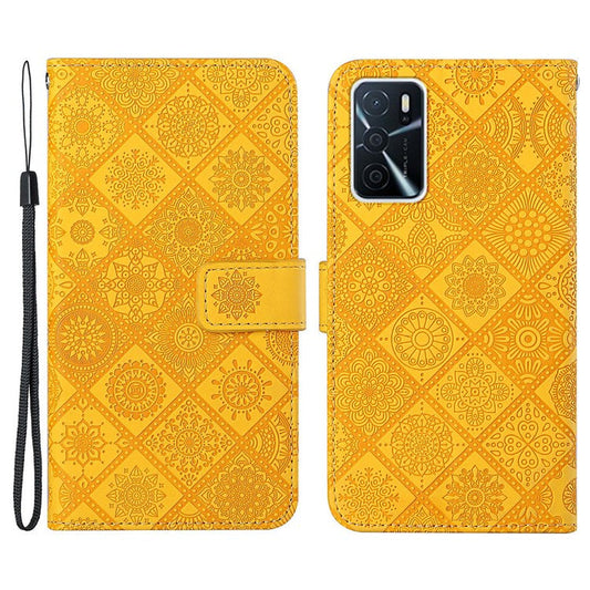 Stand Feature Ethnic Style Imprinted Flower PU Leather Magnetic Flip Shockproof Protective Case with Strap for Oppo A16 - Yellow