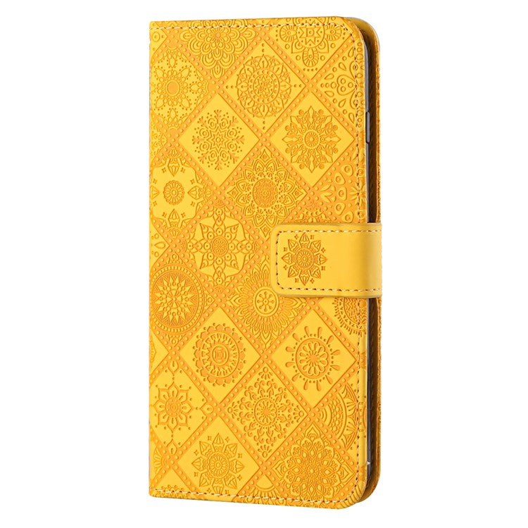 Stand Feature Ethnic Style Imprinted Flower PU Leather Magnetic Flip Shockproof Protective Case with Strap for Oppo A16 - Yellow
