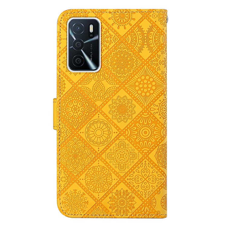 Stand Feature Ethnic Style Imprinted Flower PU Leather Magnetic Flip Shockproof Protective Case with Strap for Oppo A16 - Yellow
