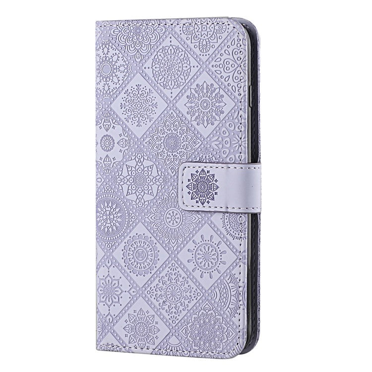Stand Feature Ethnic Style Imprinted Flower PU Leather Magnetic Flip Shockproof Protective Case with Strap for Oppo A16 - Purple