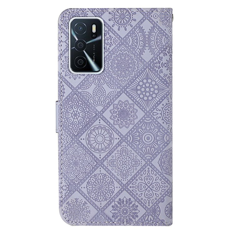 Stand Feature Ethnic Style Imprinted Flower PU Leather Magnetic Flip Shockproof Protective Case with Strap for Oppo A16 - Purple