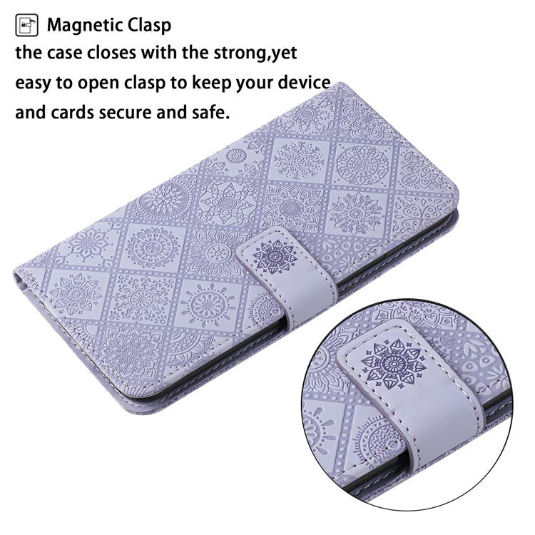Stand Feature Ethnic Style Imprinted Flower PU Leather Magnetic Flip Shockproof Protective Case with Strap for Oppo A16 - Purple