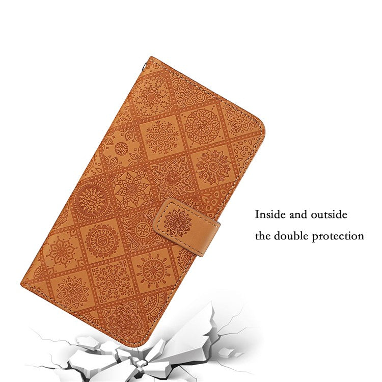 Stand Feature Ethnic Style Imprinted Flower PU Leather Magnetic Flip Shockproof Protective Case with Strap for Oppo A16 - Brown