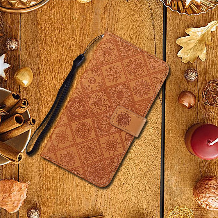 Stand Feature Ethnic Style Imprinted Flower PU Leather Magnetic Flip Shockproof Protective Case with Strap for Oppo A16 - Brown