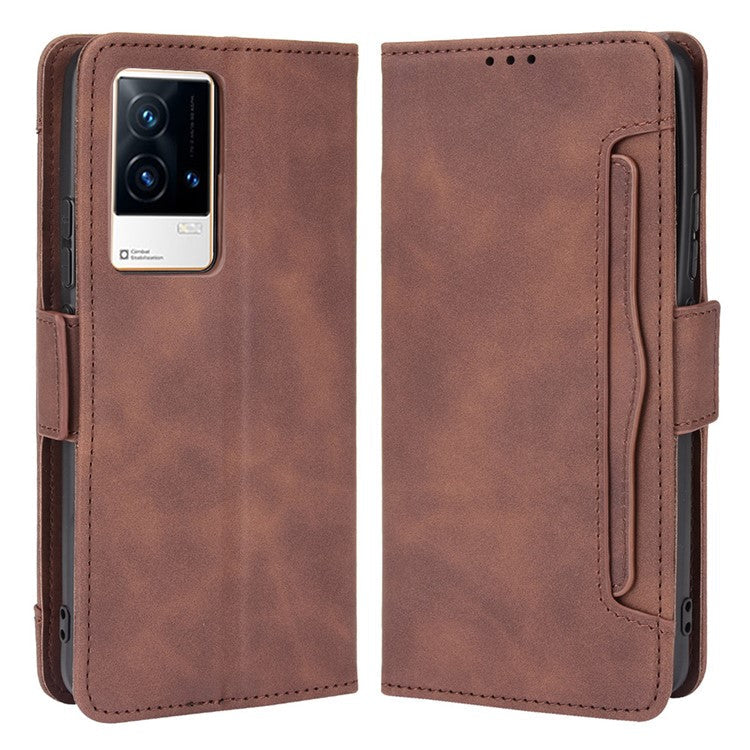 Multiple Card Slot Design Flip Phone Case PU Leather Wallet Cover Protector for vivo iQOO 8 - Brown