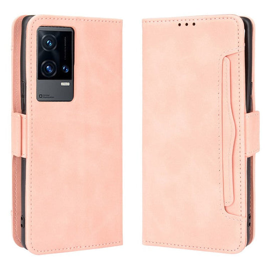 Flip Phone Case Multiple Card Slot Design PU Leather Wallet Cover Protector for vivo iQOO 8 Pro - Pink