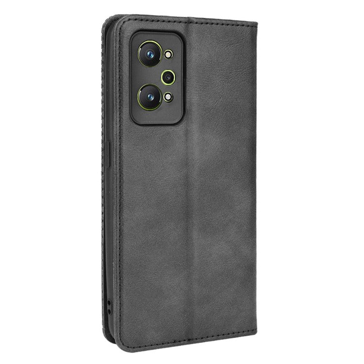 For Realme GT Neo2 5G/GT Neo 3T 5G Anti-Drop Retro Textured Surface Protective Phone Leather Case Wallet Stand Cover - Black