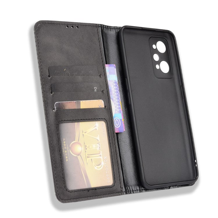 For Realme GT Neo2 5G/GT Neo 3T 5G Anti-Drop Retro Textured Surface Protective Phone Leather Case Wallet Stand Cover - Black