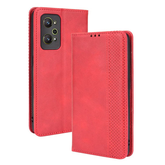 For Realme GT Neo2 5G/GT Neo 3T 5G Anti-Drop Retro Textured Surface Protective Phone Leather Case Wallet Stand Cover - Red
