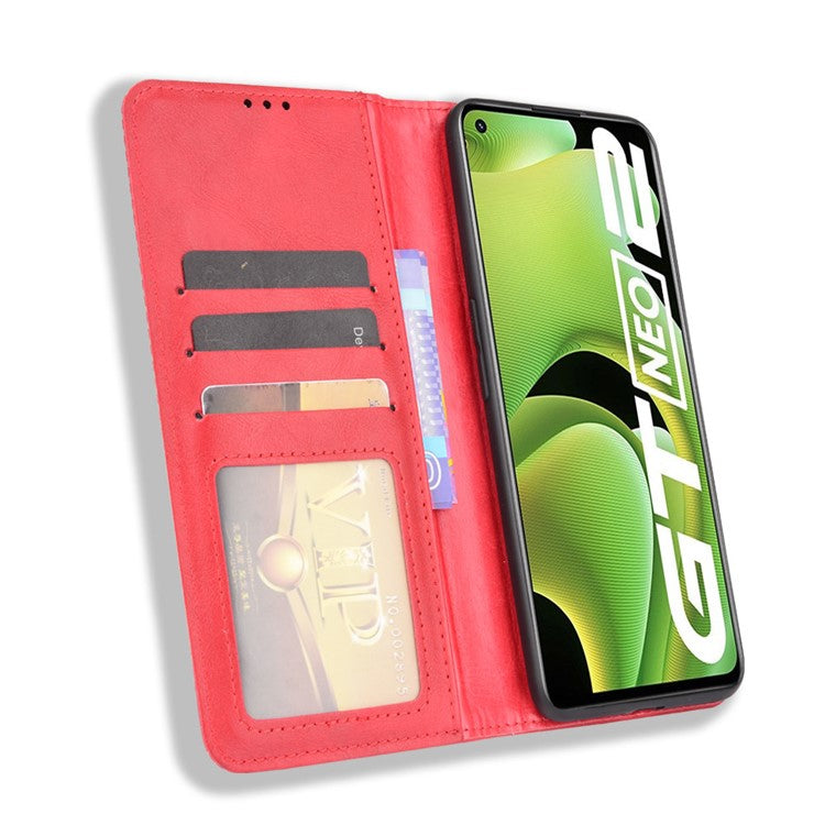 For Realme GT Neo2 5G/GT Neo 3T 5G Anti-Drop Retro Textured Surface Protective Phone Leather Case Wallet Stand Cover - Red