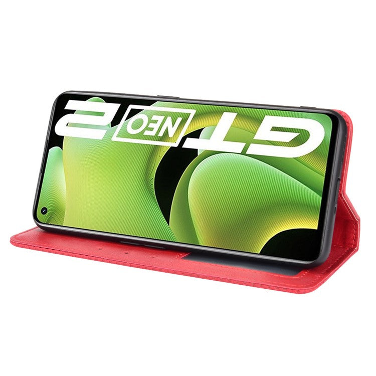 For Realme GT Neo2 5G/GT Neo 3T 5G Anti-Drop Retro Textured Surface Protective Phone Leather Case Wallet Stand Cover - Red