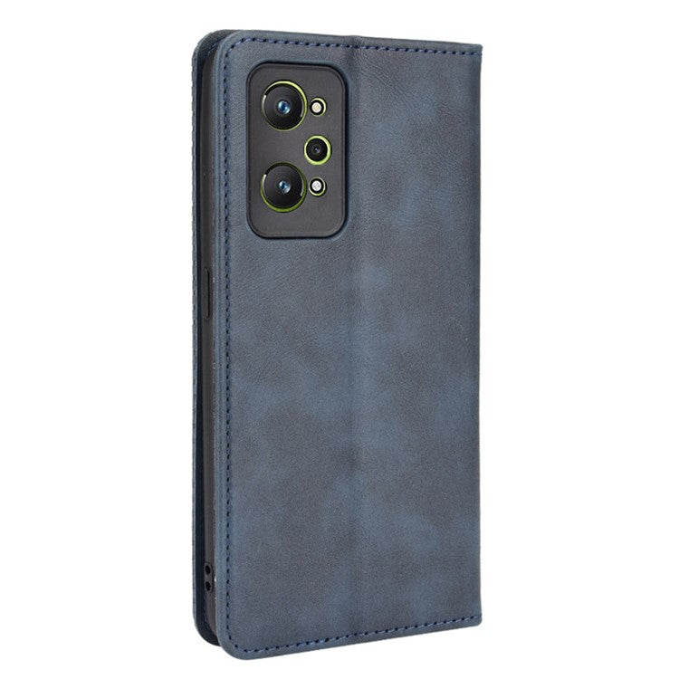 For Realme GT Neo2 5G/GT Neo 3T 5G Anti-Drop Retro Textured Surface Protective Phone Leather Case Wallet Stand Cover - Blue