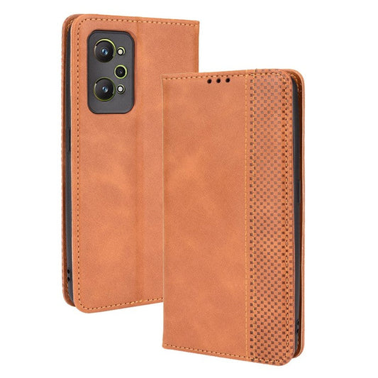 For Realme GT Neo2 5G/GT Neo 3T 5G Anti-Drop Retro Textured Surface Protective Phone Leather Case Wallet Stand Cover - Brown