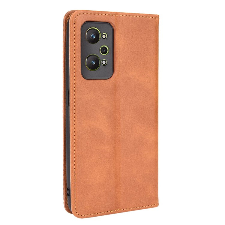 For Realme GT Neo2 5G/GT Neo 3T 5G Anti-Drop Retro Textured Surface Protective Phone Leather Case Wallet Stand Cover - Brown