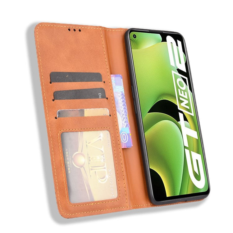 For Realme GT Neo2 5G/GT Neo 3T 5G Anti-Drop Retro Textured Surface Protective Phone Leather Case Wallet Stand Cover - Brown