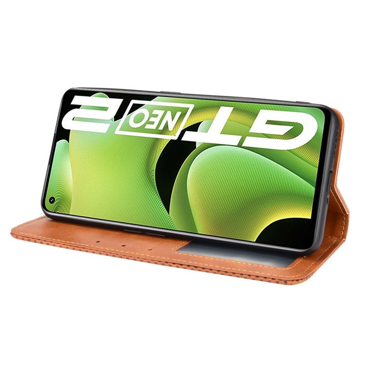 For Realme GT Neo2 5G/GT Neo 3T 5G Anti-Drop Retro Textured Surface Protective Phone Leather Case Wallet Stand Cover - Brown